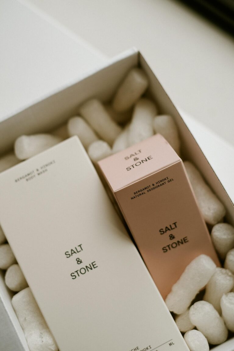 Top view of Salt & Stone cosmetic products in elegant packaging, ideal for lifestyle and beauty stock photos.